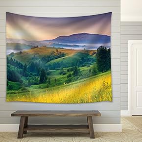 Sun Rising Behind The Mountains Filled with Pine Trees - Fabric Tapestry, Home Decor - 51x60 inches