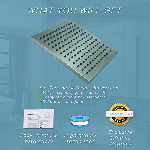 ShowerMaxx, Elite Series, 8 inch Square High Pressure Rainfall Shower Head, MAXX-imize Your Rainfall Experience with Easy-to-Remove Flow Restrictor Rain Showerhead, Brushed Nickel Finish