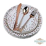 125 PCS Rose Gold Dot Disposable Paper Plates and Plastic Silverware Dot Design, 25 Dinner and Dessert Plates, 25 Forks, Spoons and Knives! for Any Special Occasion! Bridal, Birthday, Bachelorette!