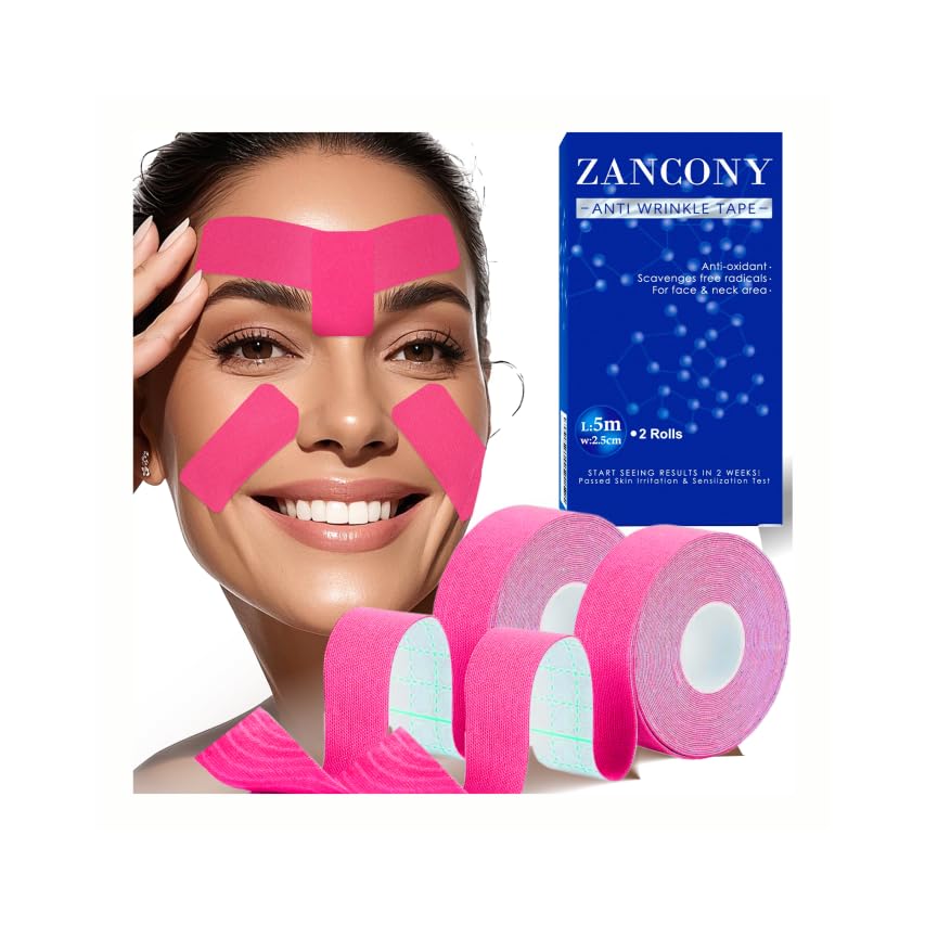 Zancony Face Tape for Wrinkles Facial Myofascial Lift Patches for All Parts of the Face and Neck, Forehead 11 Lines Nasolabial Folds Crow's Feet Necklines etc, 2.5 CM* 2 Rolls - Pink
