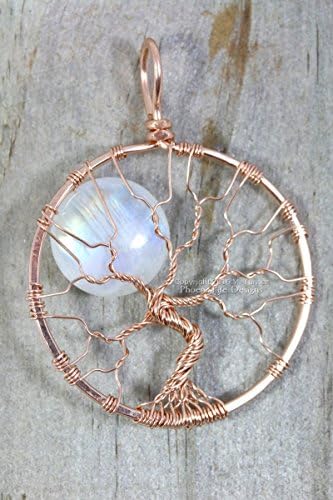 14k gf Rose Gold Tree of Life Pendant Rainbow Moonstone Full Moon Handmade Necklace