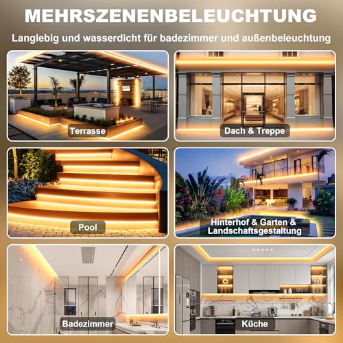 Gliztech IP67 Waterproof COB LED Strip AC 230 V Direct Plug, 20 m Super Bright LED Light Strip, Self-Adhesive Outdoor with Double Fuse Controller, 2700 K LED Strip, Warm White for Garden, Commercial Decoration