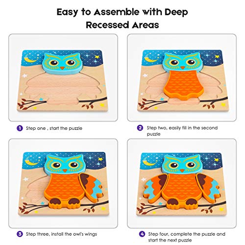 VSATEN Toddlers 3D Wooden Jigsaw Puzzles, Early Education Learning Toys Gifts Outdoor Indoor Toy with 8 Colorful Animals Patterns Safe Bright Shapes for Girls Boys 1 2 3 Years Old Kids (8 Packs)