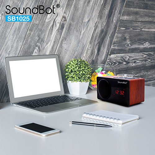 SoundBot SB1025 Alarm Clock FM Radio Bluetooth Wireless Portable Speaker w/ Acoustic 76mm Premium 7w Driver, 6Hrs Music Streaming, Built-in Battery, 3.5mm Aux Port LED Display