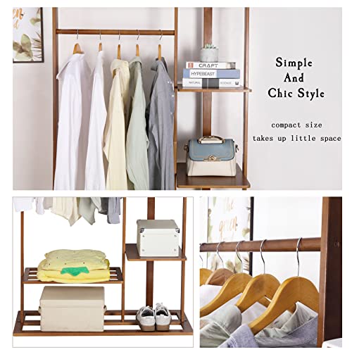 medla Bamboo Clothes Rack Stand: Cloth Hanger Wood Clothing Hanging Rail Standing Garment Rack with 1 Hanging Rod 3 Tier Side Storage Shelves and 2 Tier Bottom Shelves for bedroom Office Home