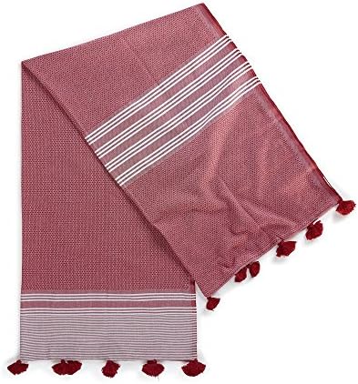 Kuprum Striped Peshtemal Beach Bath Towel, Turkish Cotton Pestemal Fouta Hammam Towel with Tassels Pom Poms Compact Thin Light Absorbent Quick Dry for Travel Spa Sauna Camping Yoga (Red 39”x71”)