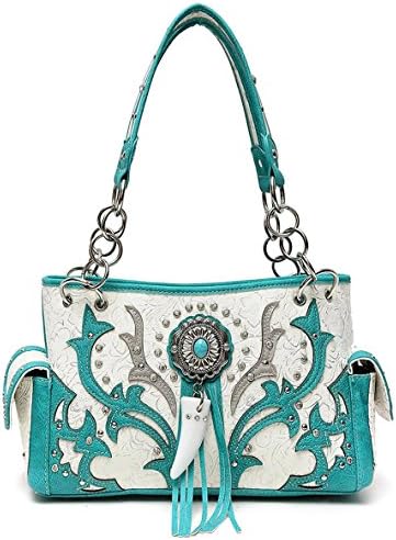 Western Purse with Faux Tusk, Concealed Carry Handbag, Plus Keychain, WUTS3-8469 (Turquoise)