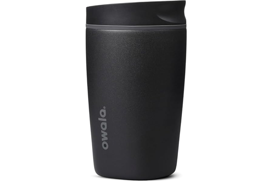 Owala SmoothSip Slider Ceramic-Lined Insulated Stainless Steel Coffee Tumbler, No Metallic Taste Reusable Travel Mug, Hot Iced Coffee Cup, BPA Free 12 oz, Very, Very Dark