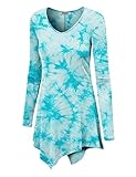Lock and Love LL WT1062 Womens V Neck Long Sleeve Tie Dye Handkerchief Hem Tunic XL Aqua