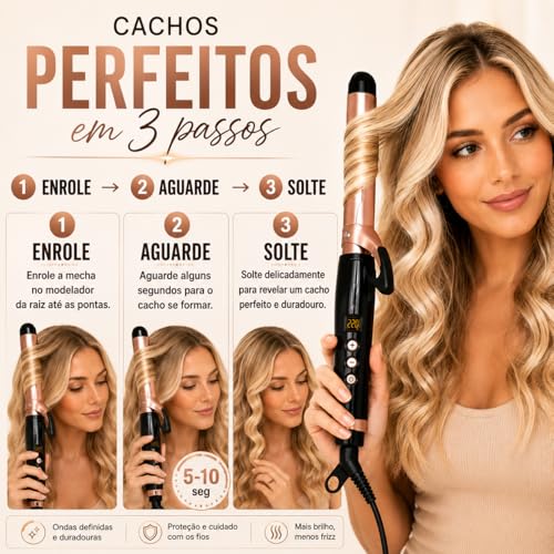 Modelador de Cachos Profissional 25mm Bivolt com Revestimento Cerâmico, Controle de Temperatura LED e Cabo 360° – Cachos Naturais e Duradouros