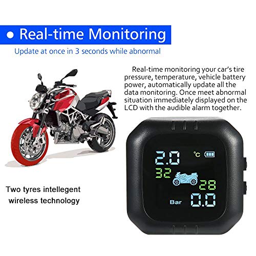 Moshbu TPMS Wireless Digital Tire Pressure Monitoring System, Motorcycle Tyre Pressure Auto Alarm System, Universal TPMS LCD Display with 2pcs External Sensors