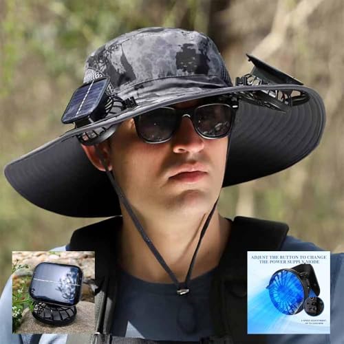 Solar Fan Sun Hat for Men Wide Brim Hat Outdoor Sun Cap with 2 Solar Fan Fishing Hat, UPF 50+, Removable & USB Charging