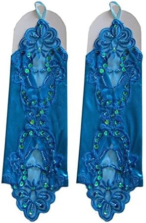 Macloday Fingerless Elbow Length Flora Lace Faux Pearl Sequin Satin Gloves (Blue)