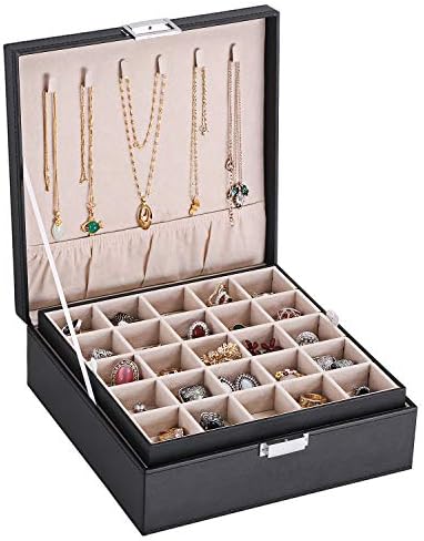 BEWISHOME Earring Organizer Holder for Cufflinks, Rings, Pendants, Chain – 50 Slots Case, 6 Necklace Hook, 2 Stackable Trays – Elegant Jewelry Storage Box for Girls Women, Black Faux Leather SSH11B