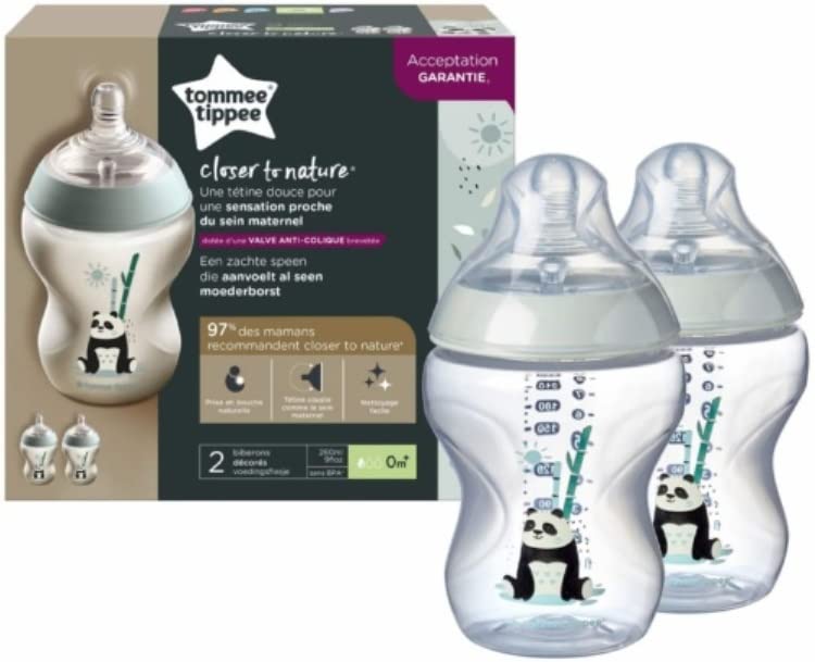 Mayborn Group 2 x Tommee Tippee Closer to Nature 260ml, BPA-Free, Anti-Colic Baby Bottle with Breast Like Silicone Teat, For Drinking Juice, Milk & Water, Panda Theme - 0m+ Months