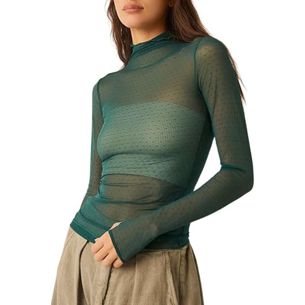 Tシャツ・カットソー OPEN YY_TheOpen Product TURTLENECK MESH TOP (GREEN) Women Turtleneck Sheer Mesh Top Long Sleeve See Through Slim