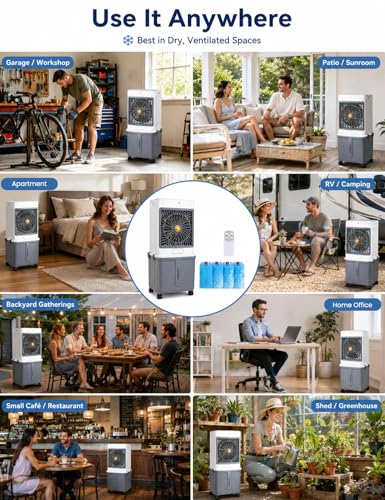 Swamp Cooler, Portable Air Conditioners Evaporative Air Cooler with 10GAL Detachable Tank, Windowless AC Unit Cooling Fan That Blow Cold Air with 120° Swing, 3 Speeds, Timer for Garage Patio Workshop