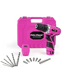 Pink Power PP121LI kit de herramientas de desarmador y taladro inalámbrico de 12V para mujer. Estuche de herramientas, desarmador eléctrico de ion de litio, set de taladro, batería y cargador