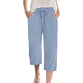 MLXSJ Womens Capri Pants Summer Wide Leg High Waisted Pants Drawstring Casual Trousers with Pockets