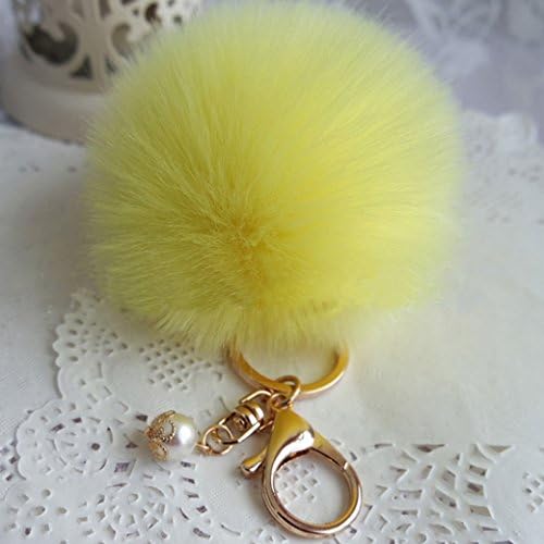 18 K Gold Plated Keychain with Plush Cute Rabbit Fur Ball Keychain for Car Key Ring Handbag Tote Bag 8CM 3.1IN (yellow)