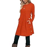 Poetsky Women Long Sleeve Tunic Tops to Wear with Leggings Side Buttons Long Shirts Rib Sweater Dress with Pockets S-3XL