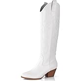 Ankis Cowboy Boots for Women Wide Calf Cowgirl Boots Comfortable Knee High Chunky Heel Embroidered Western White Black Pull On Tall Boot Retro Poitned Toe Fall Winter Shoes