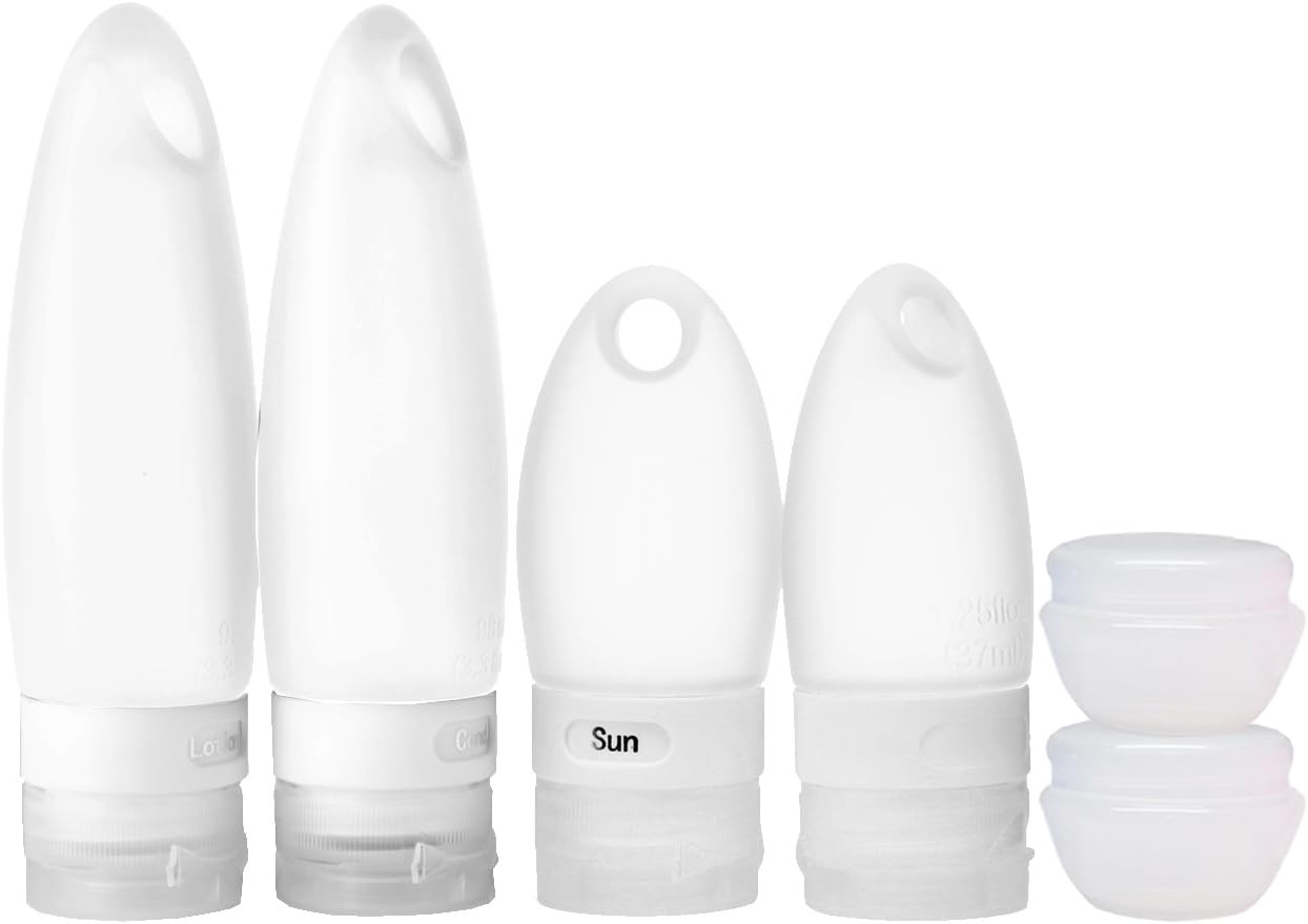 SANTREST Portable Soft Silicone Travel Bottles Set TSA Approved Carry on Shampoo Conditioner Bottle Leak Proof Design BPA Free for Cosmetics (6 Pack White)