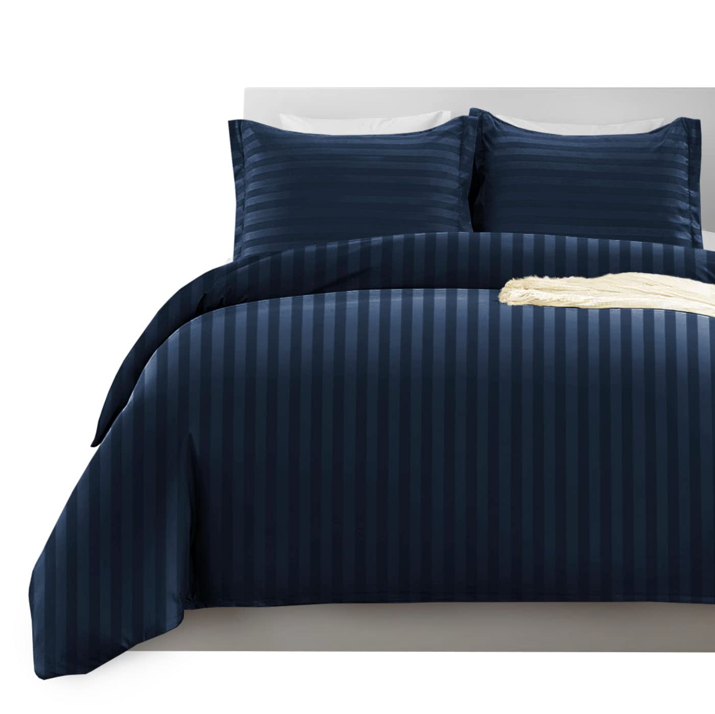 Imperial Rooms Double Duvet Set Reversible Stripes Satin Bedding Set with Pillowcases Breathable Microfiber Duvet Cover (Navy 200x200 Cm) — image 1