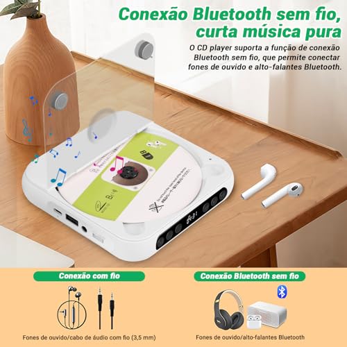 135 x 135 x 25 mm, Mini CD Player Portatil, 2000mAh, Pode Ser Levado com Você, Compatível com Fones de Ouvido Toca CD, Alto-Falantes Duplos Integrados