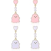 2 Pairs Halloween Ghost Earrings for Women Cute White and Pink Ghost Dangle Earrings Sparkly Rhinestone Specter Ear-rings Halloween Costume Jewelry Accessories for Her