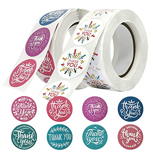 Thank You Stickers, 1000pcs Thank You Sticker Rolls, 2 Roll Thank You Sticker Envelope Seals for Packaging, Envelope Stickers, Thank You Stickers for Small Bussiness