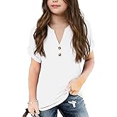 Girl's Short Sleeve Henley NeckT Shirts Button V Neck Tunic Blouse Color Block Basic Tees Tops 5-14 Years
