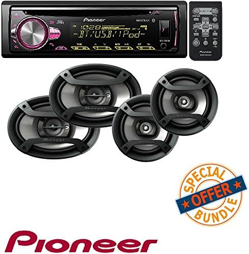 Pioneer CD Receiver with Improved Pioneer ARC App Compatibility, MIXTRAX, Built-in Bluetooth, and Color Customization W/Two Pairs 200W 6.5" + 230W 6x9 Car Audio 4 Ohm Component Speakers