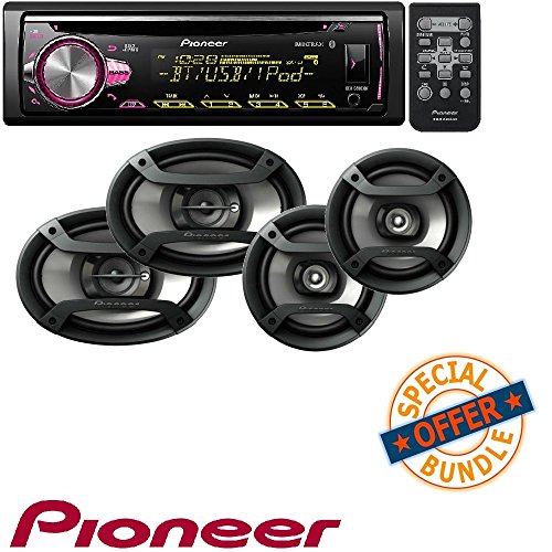 Pioneer CD Receiver with Improved Pioneer ARC App Compatibility, MIXTRAX, Built-in Bluetooth, and Color Customization W/Two Pairs 200W 6.5" + 230W 6x9 Car Audio 4 Ohm Component Speakers