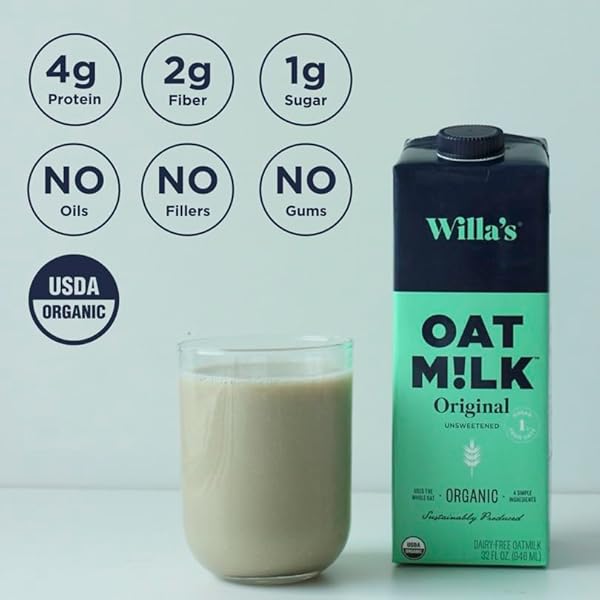 WILLA’S ORGANIC OAT MILK – UNSWEETENED ORIGINAL OATMILK, NON-GMO, SHELF STABLE, LOW SUGAR, NON-DAIRY MILK, MADE FROM WHOLE GRAIN OATS, NO OIL, NO GUMS, 32 OZ – PACK OF 1