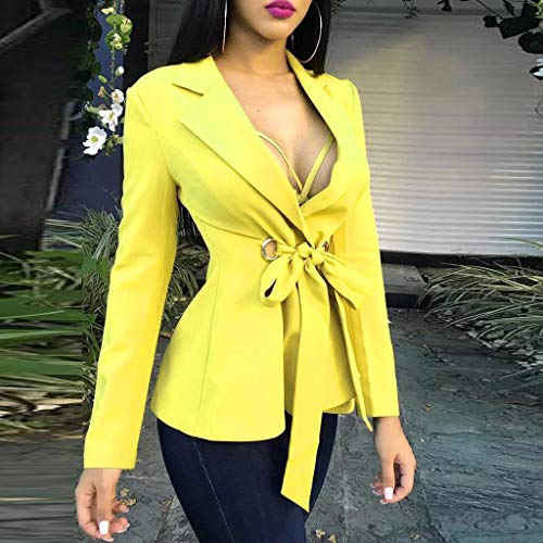 Sunward Womens Casual Work Office Open Front Bandage Blazer Jacket Yellow (XL, Yellow) - Thumbnail 3