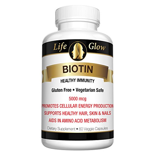 Biotin For Hair Growth 5000 mcg Super Potency Best Supplement For Skin and Nails - 60 Vegetarian Capsules - Pharmaceutical Grade - Double Safety Sealed For Your Protection - by Life Glow