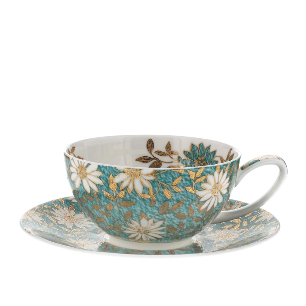 Dunoon Nuovo Teal Teacup and Saucer with Gold Detailing