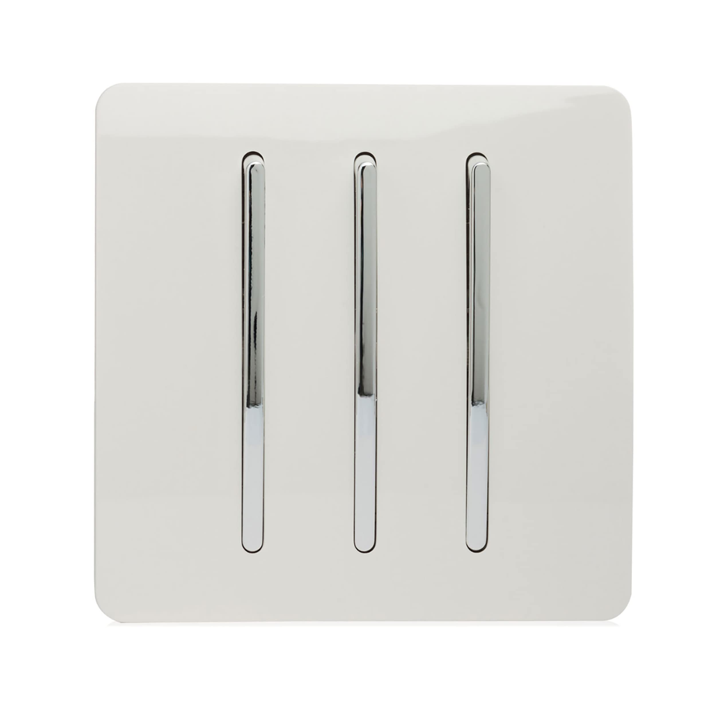 Trendi 3 Gang 2 way 240V Screwless Raised Front Plate Plastic Artistic Modern Glossy 10 Amp Chrome Rocker Triple Electrical Wall Light Switch Ice White - ART-SS6WH