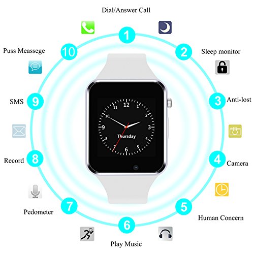 2018 Newest Smart Watch PLYSIN Bluetooth Smartwatch Unlocked Watch Cell Phone with Sim Card Slot Track Activity Watch with Pedometer Camera Music-Player for iOS iPhone Android Samsung (White) - Thumbnail 2