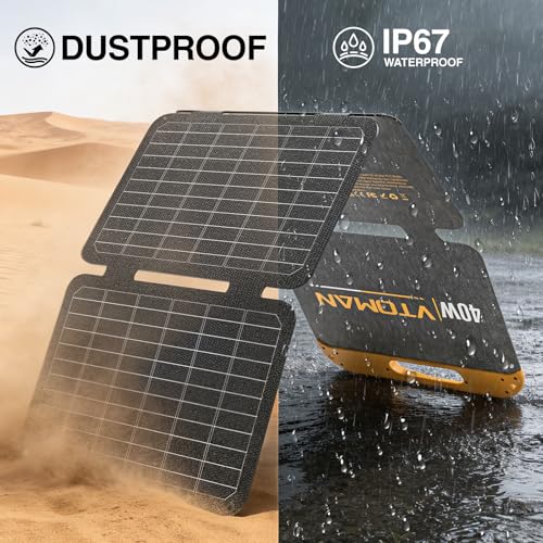 VTOMAN VS40 Portable Solar Panel 40W 13.9V, 25% High Efficiency Foldable | Solar Panel /IP67 Waterproof,Type-C USB-A Connectors,PD30W ,Light Weight for Phone,Power banks,Flashlights