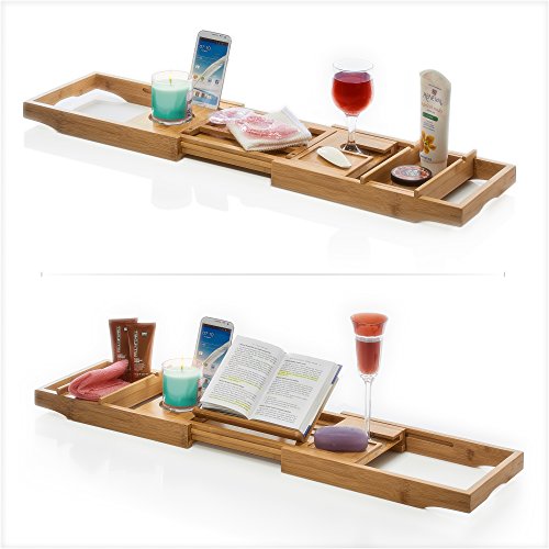 Prosumer's Choice Bamboo Bathtub Caddy with Extra-Long Sides and Built-in Phone/Tablet and Wine Glass Holder - Thumbnail 2
