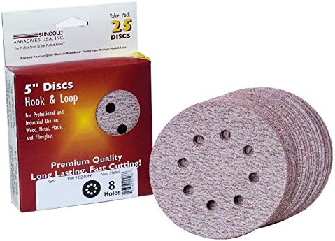 Sungold Abrasives024158 5" x 8 Hole 280 Grit Premium Plus C Weight Paper Hook and Loop Sanding Discs (25 Pack)