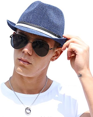 VEC Straw Hat Classic Short Brim Miami Beach Sun Hat Outdoor Cap Dark Blue