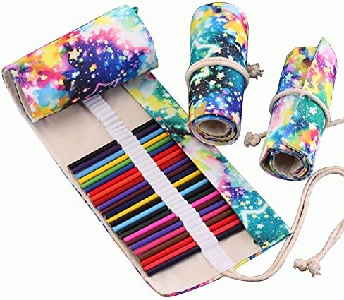 Geryy 1Pc Pencil Case 36 Colored Pencils Starry Sky Canvas Roll Pen Case Brush Bag Organizer Cosmetic Bag for School Office Work (48 Slot)