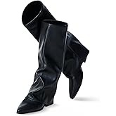 Zeuhzih Knee High Boots Women, Fold Over Shark Boots Pointed Toe block heels Wide Calf,Minimalist Street Style Faux Leather Boots for Fall & Winter