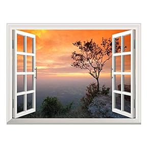 Wall26 Removable Wall Sticker/Wall Mural - Sunset Scene with Orange Sky Over Mountain | Creative Window View Home Decor/Wall Decor - 24"x32"