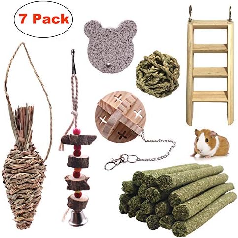 JanYoo Chinchilla Toys Guinea Pig Accessories Bunny Chew Sticks Wooden Ball for Rabbits Hamster Gerbil Rat Pack of 7