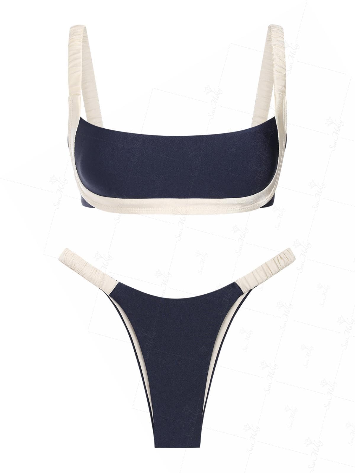 Photo 1 of seamoly Vintage Contrast Color Ruched Design High Leg Bikini Set,Midnight Blue,XS