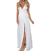 Yimeili Women's Satin Formal Dress Sexy V Neck Backless Split Long Maxi Cocktail Party Wedding Guest Dress